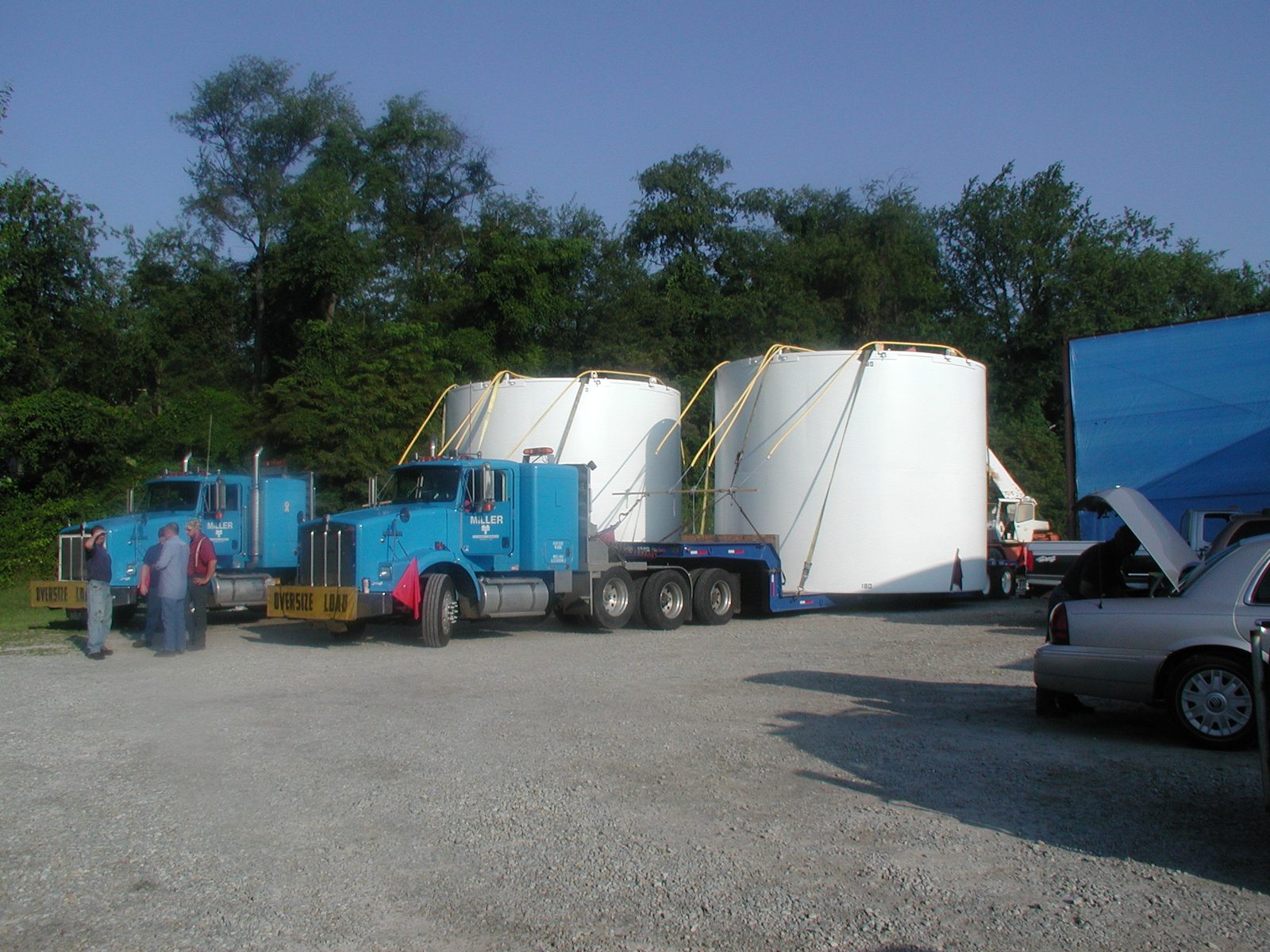 Fabricated tanks loaded on flatbed for delivery